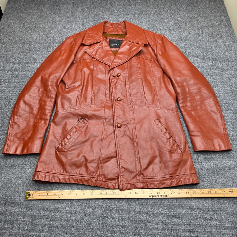 Vintage JCPenney Mens 38 Leather Car Coat Cognac Brown 70s Zip Out Liner Jacket - Picture 2 of 9